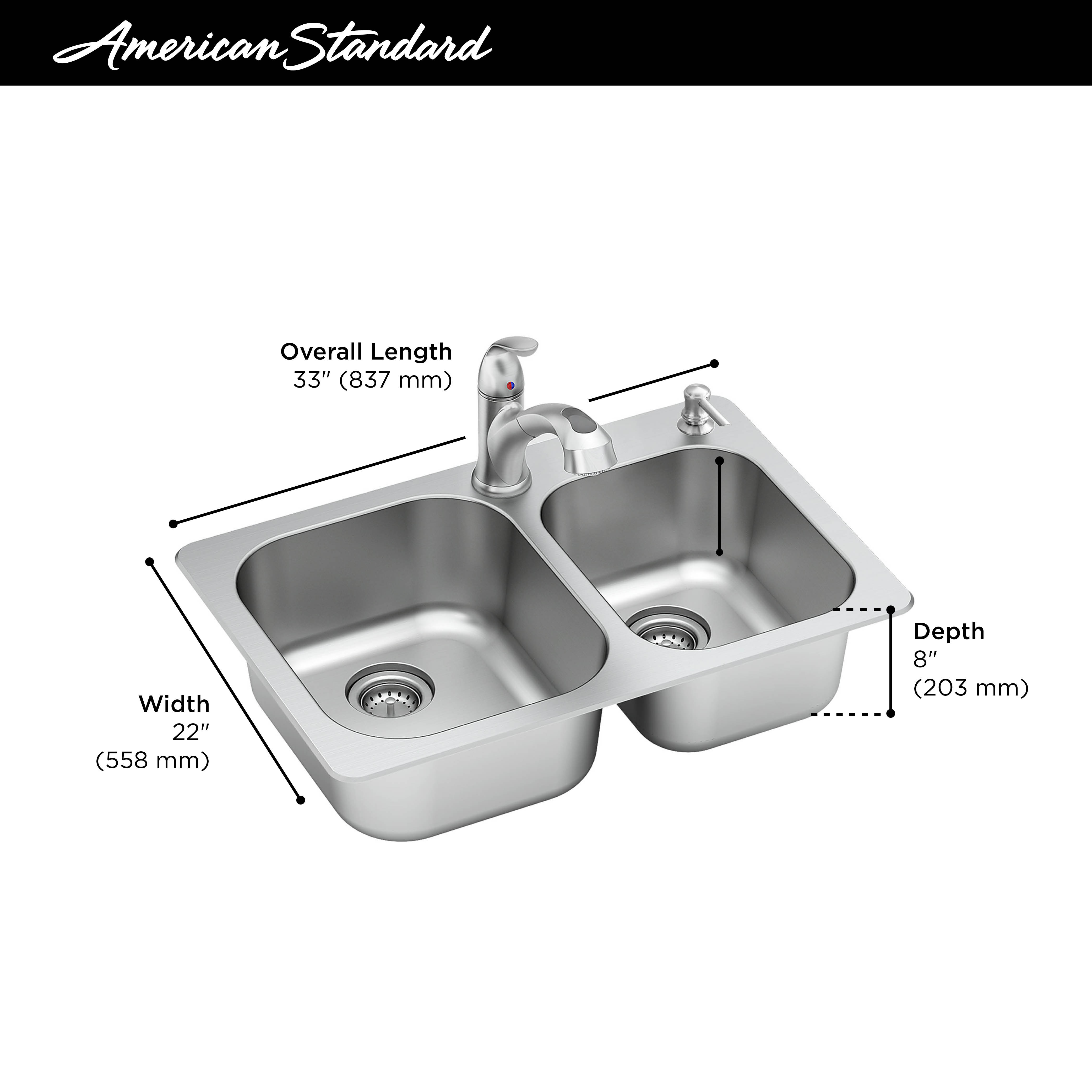 Sullivan® 33in x 22Inch Stainless Steel DoubleBowl DropIn